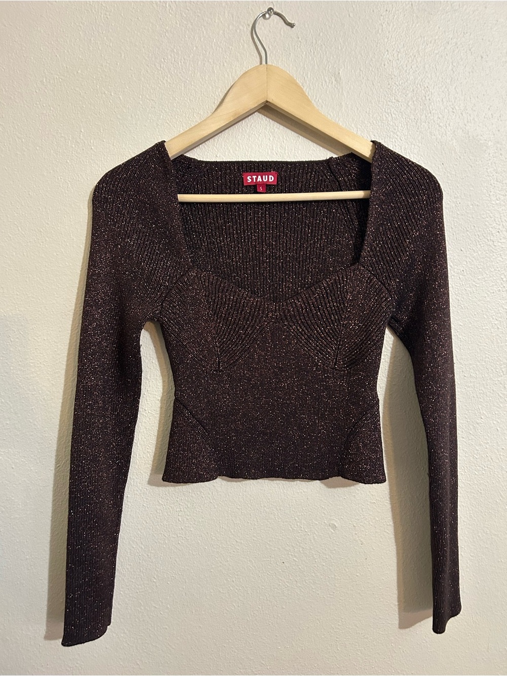 STAUD Cerro Ribbed Sparkle Knit Top
Chocolate Brown Small Bustier Sweater